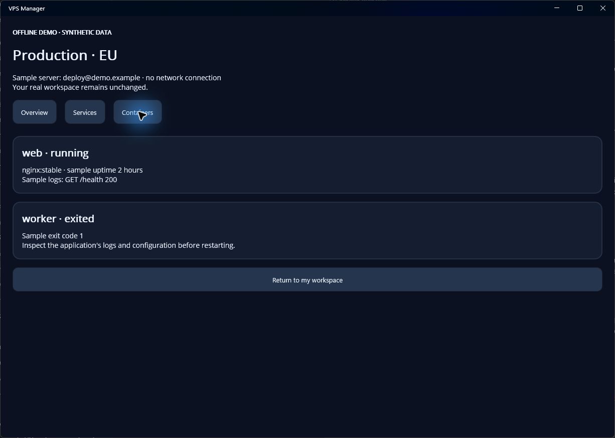 VPS Manager Windows development build showing its isolated containers demo