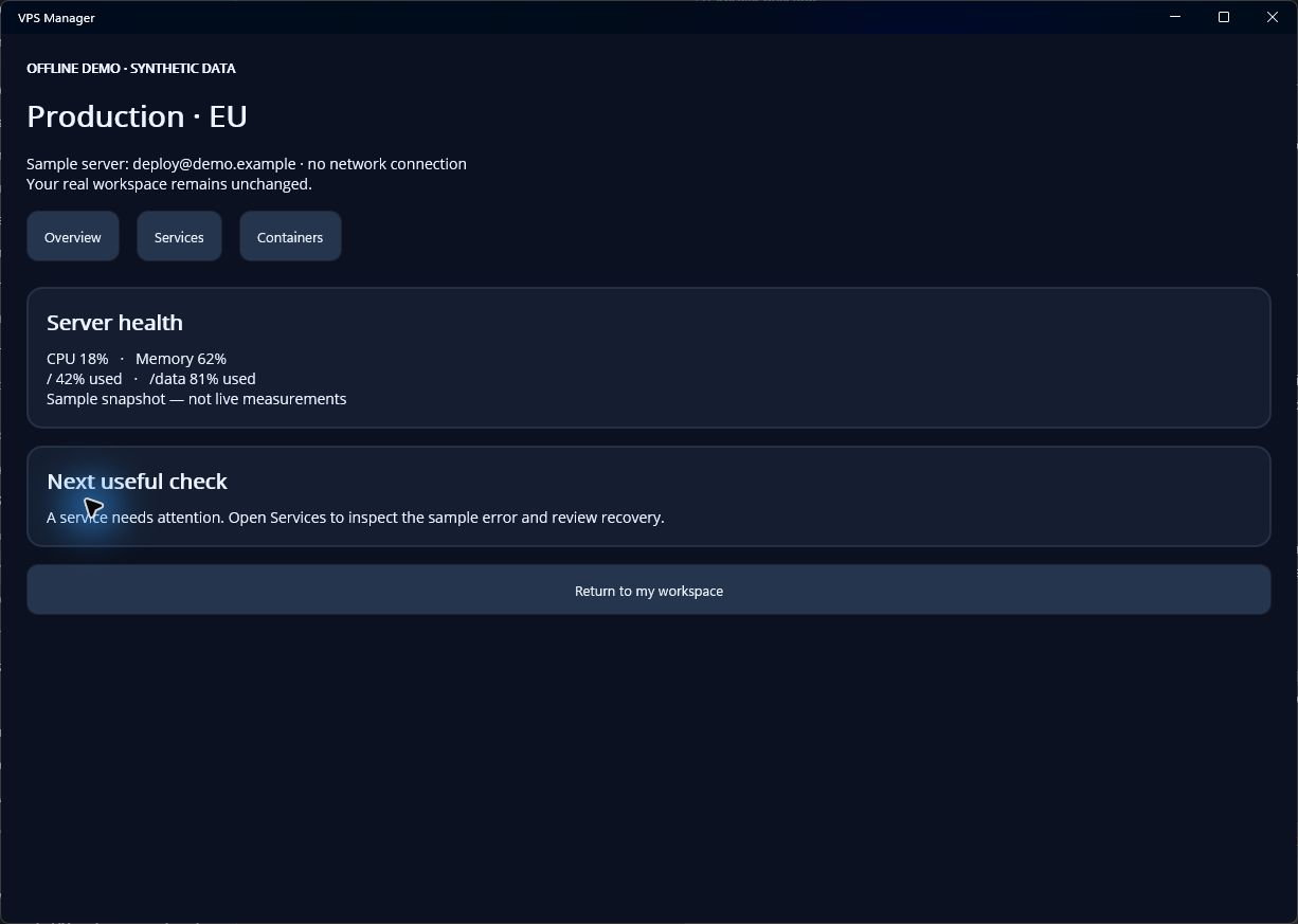VPS Manager Windows development build showing its isolated overview demo