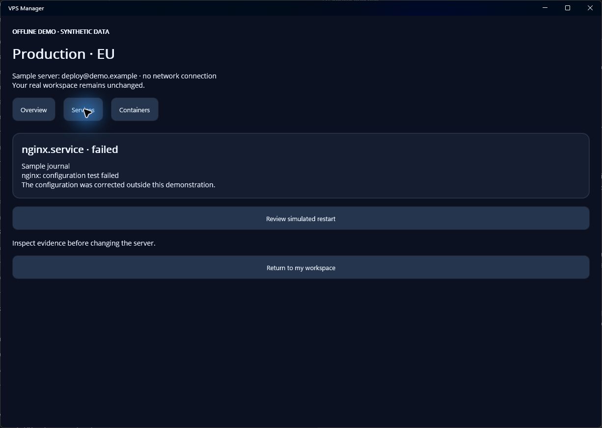 VPS Manager Windows development build showing its isolated services demo